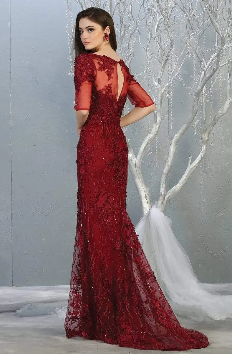 May Queen - RQ7873 Floral Applique V-neck Trumpet Dress 2 May Queen - RQ7873 Floral Applique V-neck Trumpet Dress - Image 2