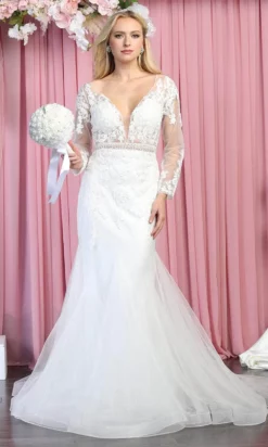 May Queen RQ7892 - Long Sleeves Deep V-neck Wedding Gown -Hot Sale WEDDING Store may queen rq7892 long sleeves deep v neck wedding gown wedding dresses 29844918599763
