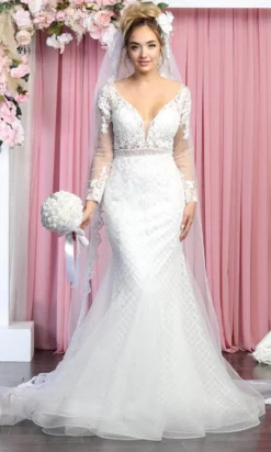 May Queen RQ7896 - Long Sleeves Sheer V-neck Wedding Gown -Hot Sale WEDDING Store may queen rq7896 long sleeves sheer v neck wedding gown wedding dresses 29844932690003