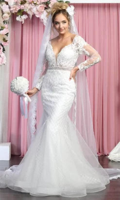May Queen RQ7896 - Long Sleeves Sheer V-neck Wedding Gown -Hot Sale WEDDING Store may queen rq7896 long sleeves sheer v neck wedding gown wedding dresses 29844932788307