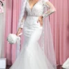 May Queen RQ7896 - Long Sleeves Sheer V-neck Wedding Gown