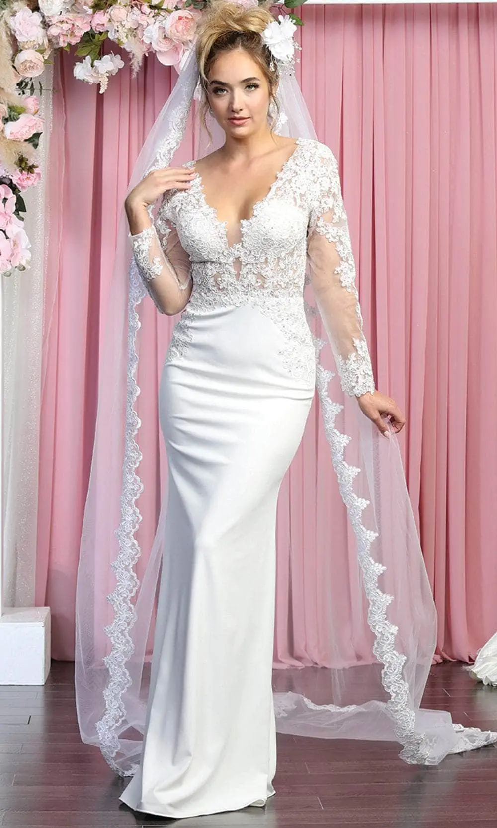 May Queen RQ7901 - Long Sleeves Low-cut V-neck Wedding Gown 1 May Queen RQ7901 - Long Sleeves Low-cut V-neck Wedding Gown