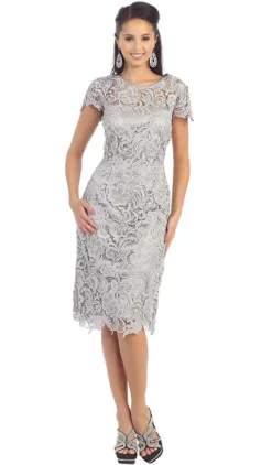 May Queen - Short Sleeve Sheer Scalloped Lace Formal Dress -Hot Sale WEDDING Store may queen short sleeve sheer scalloped lace formal dress special occasion dress m silver 5657415057465