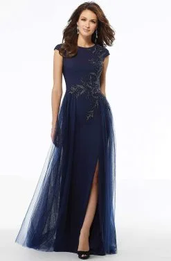 MGNY By Mori Lee - Cap Sleeve Beaded Overskirt Dress 72102SC - 1 Pc Silver In Size 12 Available