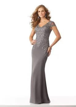 MGNY By Mori Lee - Sheer Cap Sleeve V-Neck Sheath Dress 71815