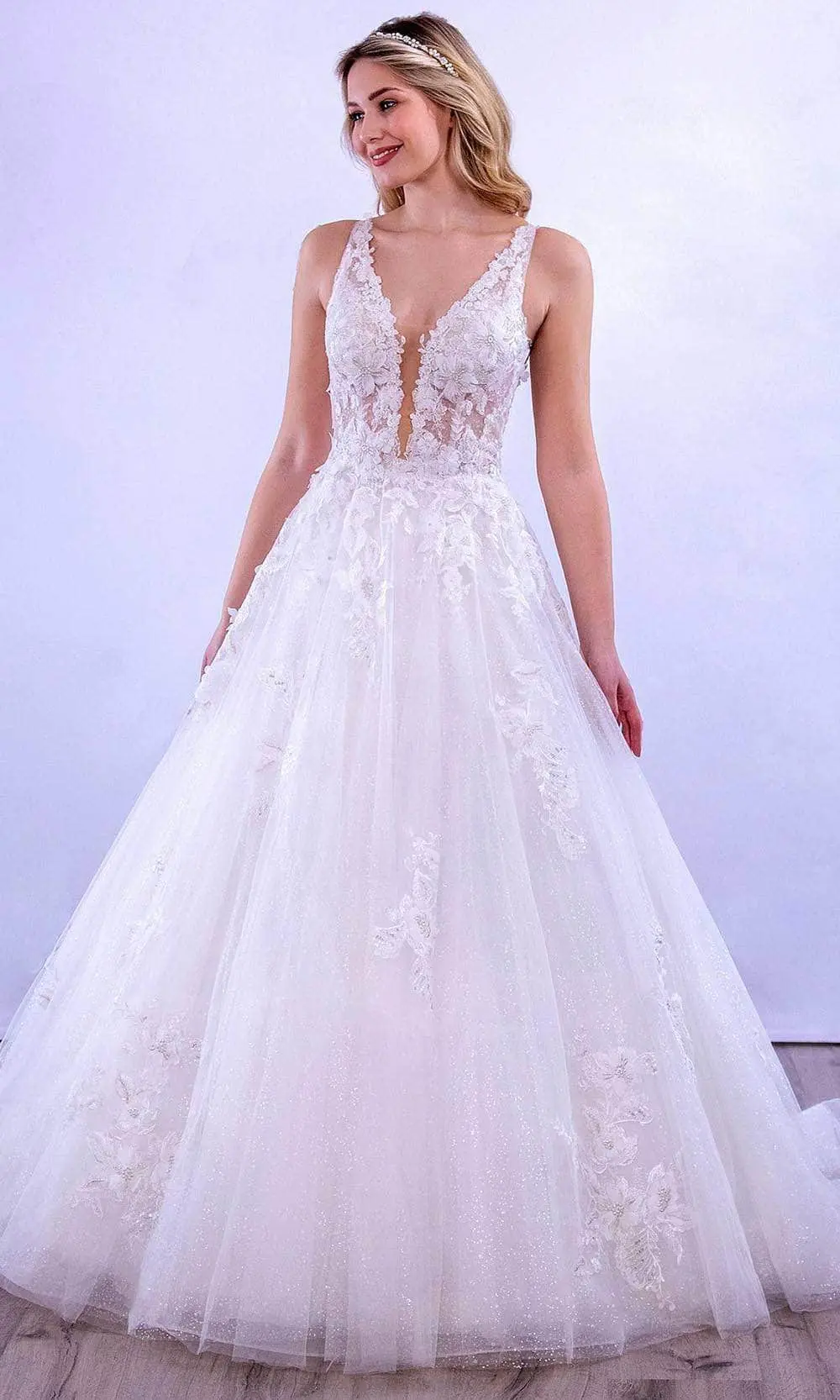 MNM COUTURE 10089 - V Shape Laced A-Line Dress 1 MNM COUTURE 10089 - V Shape Laced A-Line Dress