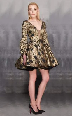 MNM Couture - N0159 Long Bishop Sleeve Plunging Metallic A-Line Dress