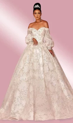 MNM COUTURE W2121 - Off Shoulder Bishop Sleeves Gown