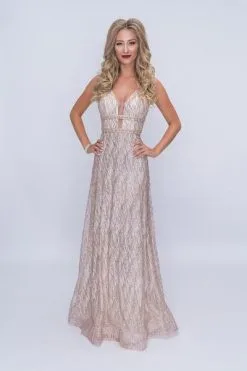 Nina Canacci - 1460 Plunging V-Neck A-Line Evening Gown