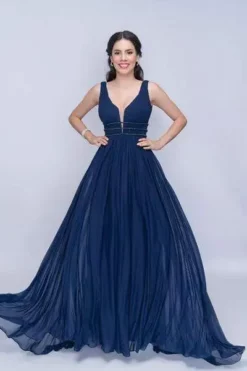 Nina Canacci - 2226 Pleated Plunging V-Neck Long Gown