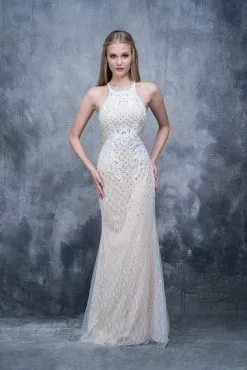 Nina Canacci - 4157 Halter Diamond Style Embroidered Long Dress