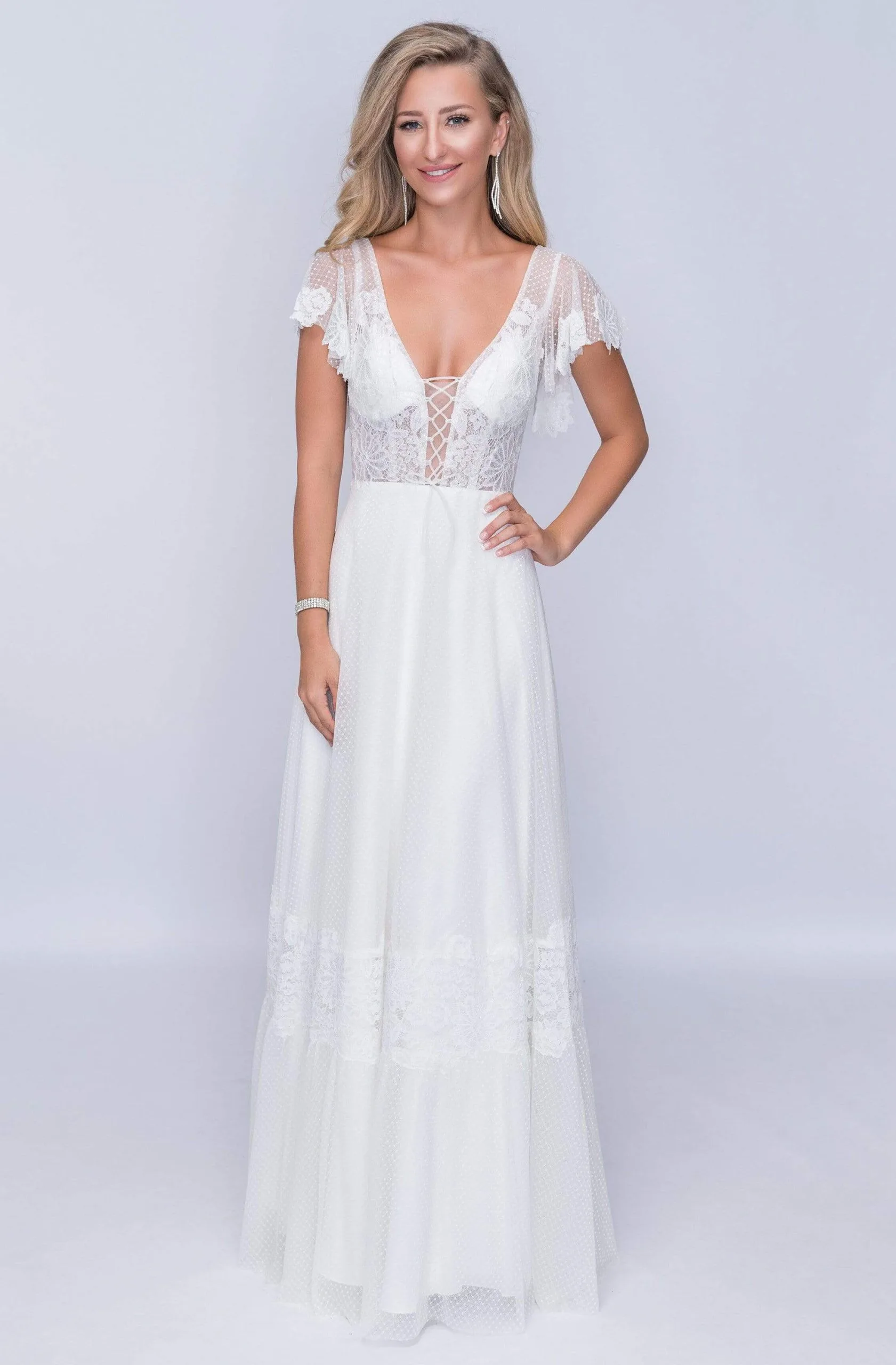 Nina Canacci - 4187 Flutter Cap Sleeve Lattice Motif Lace Gown 1 Nina Canacci - 4187 Flutter Cap Sleeve Lattice Motif Lace Gown