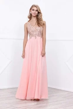 Nox Anabel Beaded V-Neck Illusion Long Dress In Bashful Pink 8343