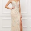 Nox Anabel - E459 Sequined Lace High Slit Sheath Bridal Gown