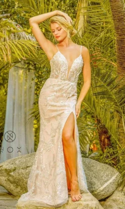 Nox Anabel - E459 Sequined Lace High Slit Sheath Bridal Gown -Hot Sale WEDDING Store nox anabel e459 sequined lace high slit sheath bridal gown wedding dresses 15644104589395