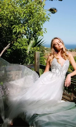 Nox Anabel - R283 Embellished Plunging V-neck A-line Gown -Hot Sale WEDDING Store nox anabel r283 embellished plunging v neck a line gown wedding dresses 14519229939795