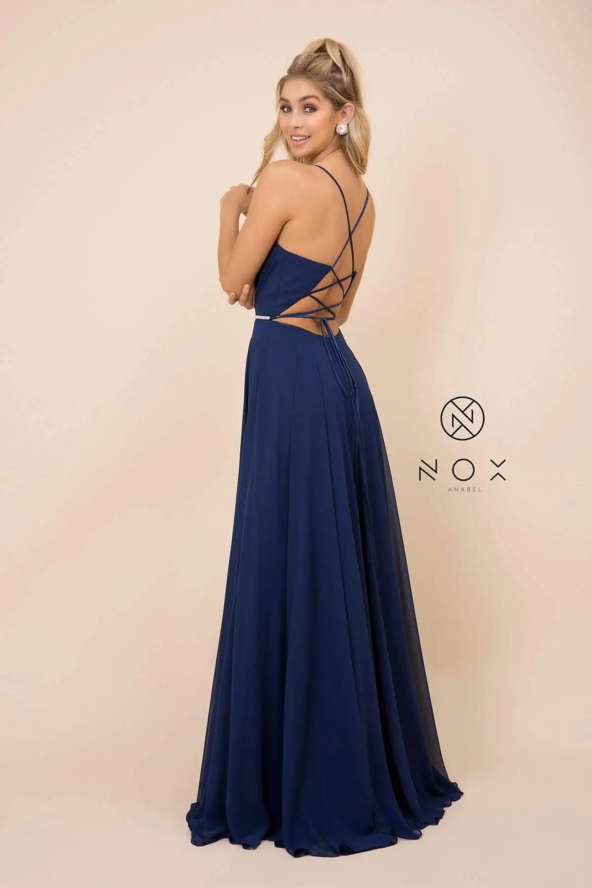Nox Anabel - R416 Lace-up Open Back Beaded Waist A-Line Prom Dress 8 Nox Anabel - R416 Lace-up Open Back Beaded Waist A-Line Prom Dress - Image 8