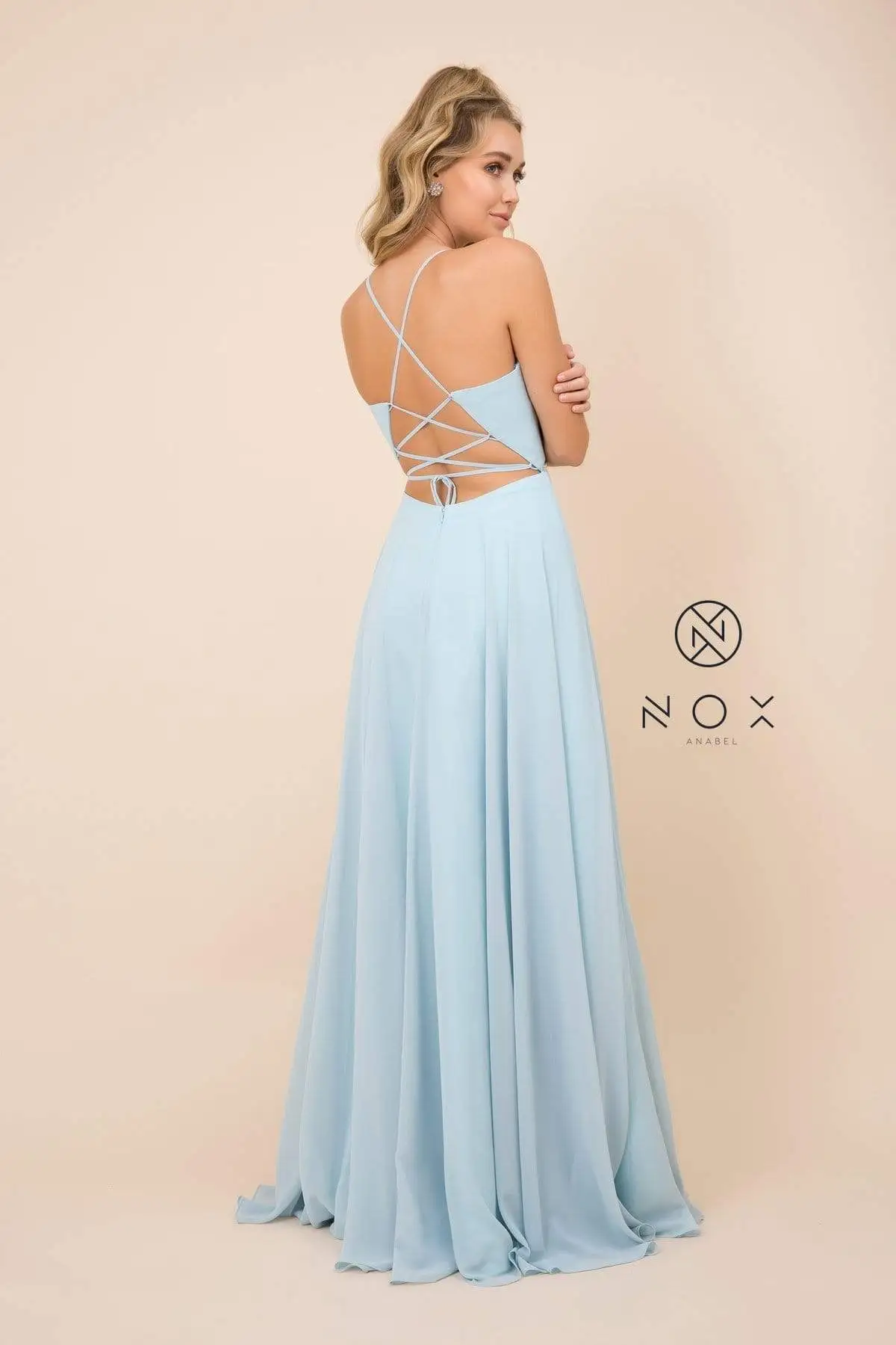 Nox Anabel - R416 Lace-up Open Back Beaded Waist A-Line Prom Dress 9 Nox Anabel - R416 Lace-up Open Back Beaded Waist A-Line Prom Dress - Image 9