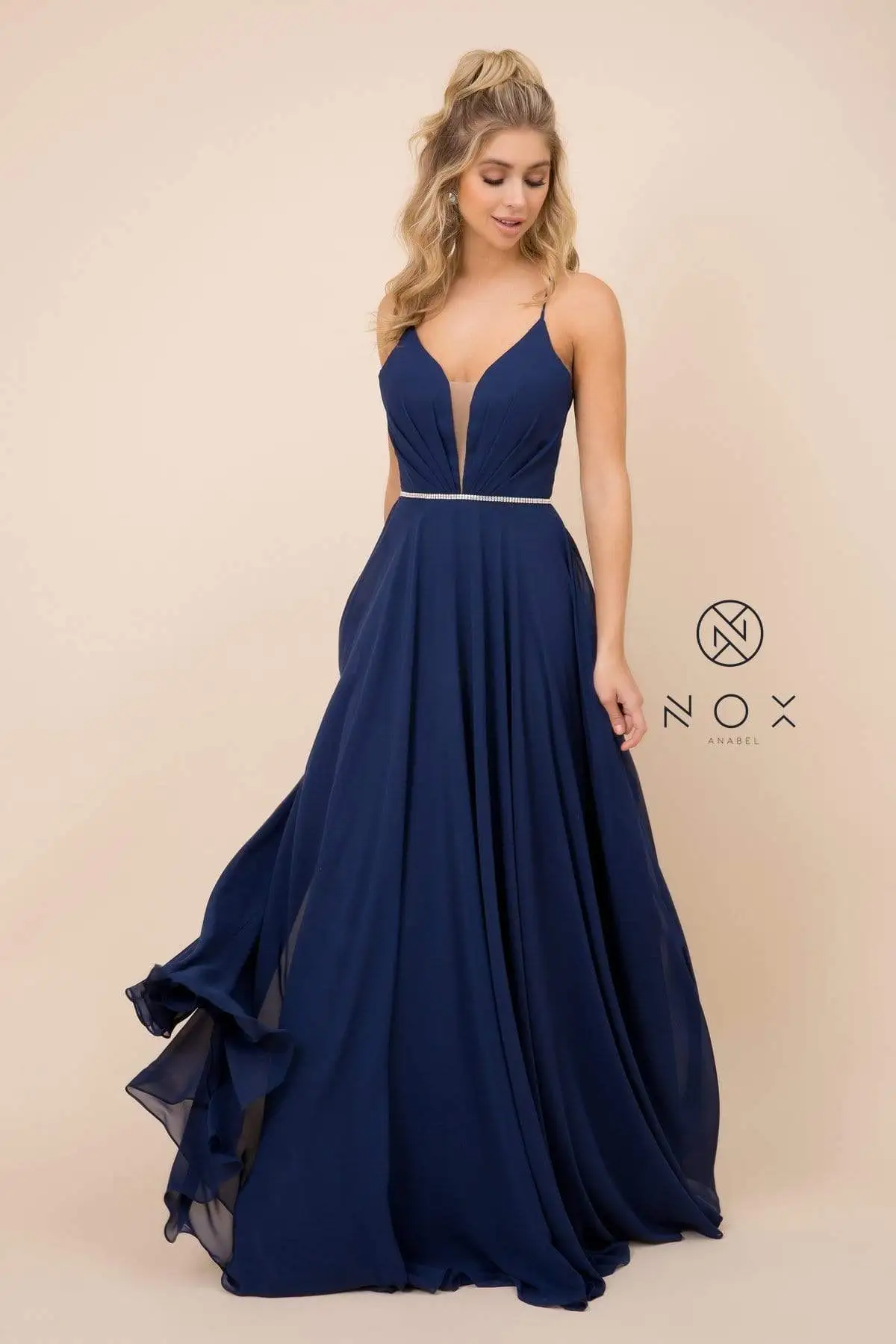Nox Anabel - R416 Lace-up Open Back Beaded Waist A-Line Prom Dress 6 Nox Anabel - R416 Lace-up Open Back Beaded Waist A-Line Prom Dress - Image 6