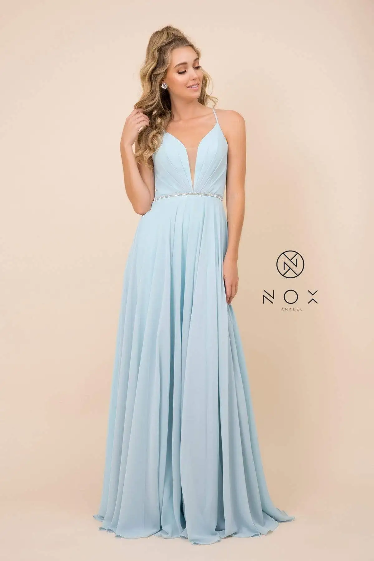 Nox Anabel - R416 Lace-up Open Back Beaded Waist A-Line Prom Dress 7 Nox Anabel - R416 Lace-up Open Back Beaded Waist A-Line Prom Dress - Image 7