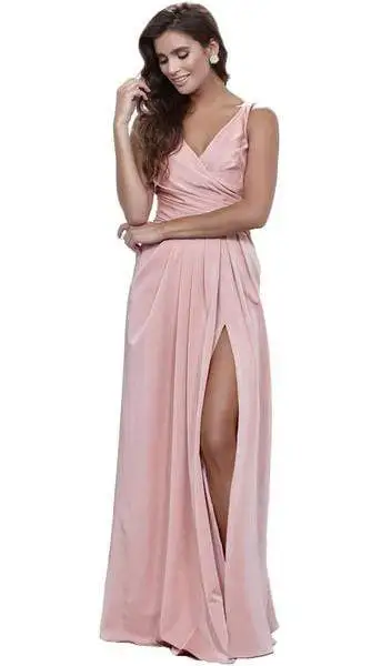 Nox Anabel - V-Neck Satin Long Evening Gown 8347 - 1 Pc Rose In Size 3XL Available 1 Nox Anabel - V-Neck Satin Long Evening Gown 8347 - 1 Pc Rose In Size 3XL Available