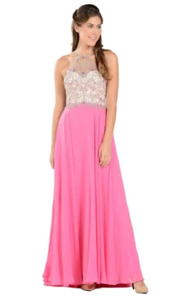 Poly USA - 7826 Jewel Adorned Illusion Halter Chiffon Gown -Hot Sale WEDDING Store poly usa 7826 jewel adorned illusion halter chiffon gown special occasion dress xs hot pink 6134118547513