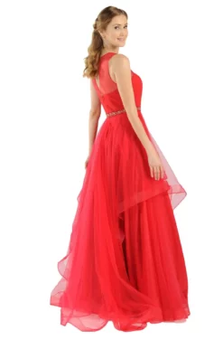 Poly USA - 8134 Illusion Embellished Waist Layered Long Dress -Hot Sale WEDDING Store poly usa 8134 illusion embellished waist layered long dress bridesmaid dresses xs red 13426506530899