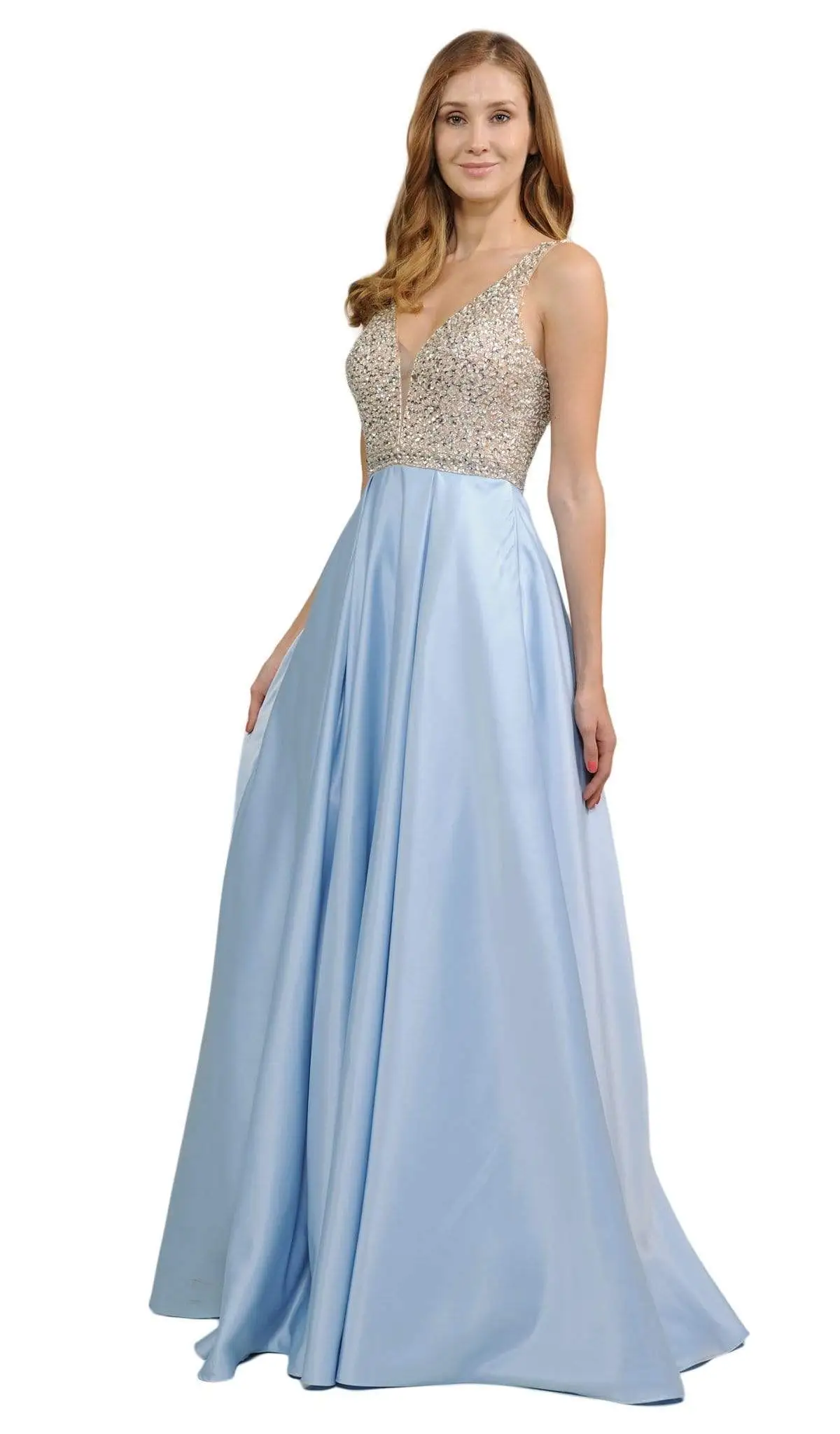 Poly USA - 8182 Plunging V-Neck Bejeweled Bodice Satin A-Line Dress 1 Poly USA - 8182 Plunging V-Neck Bejeweled Bodice Satin A-Line Dress
