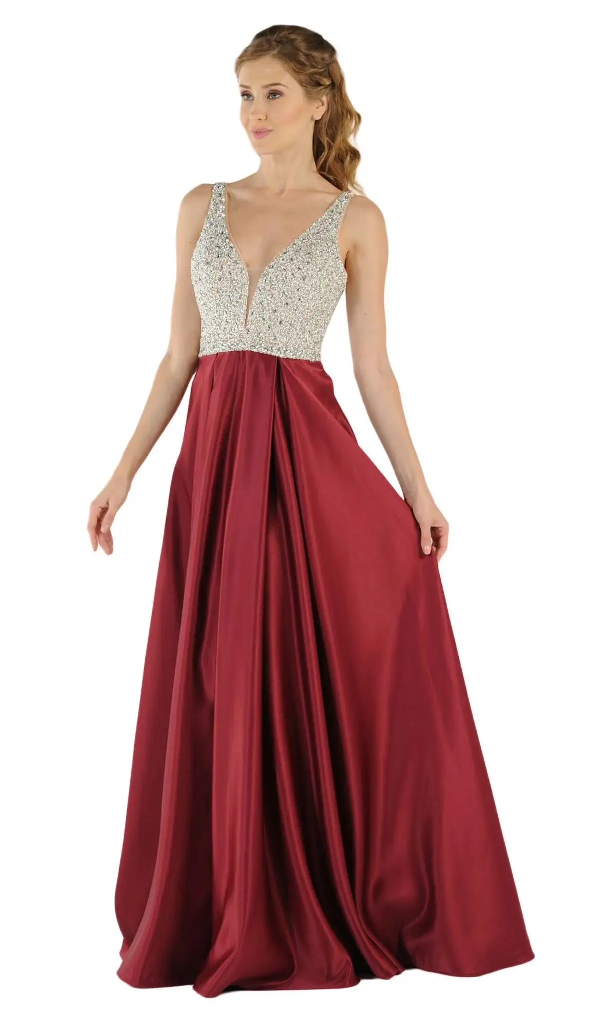 Poly USA - 8182 Plunging V-Neck Bejeweled Bodice Satin A-Line Dress 6 Poly USA - 8182 Plunging V-Neck Bejeweled Bodice Satin A-Line Dress - Image 6
