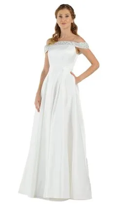 Poly USA - 8242 Bejeweled Off Shoulder Satin A-Line Gown 14 Poly USA - 8242 Bejeweled Off Shoulder Satin A-Line Gown -Hot Sale WEDDING Store poly usa 8242 bejeweled off shoulder satin a line gown special occasion dress xs off white 29020153118803