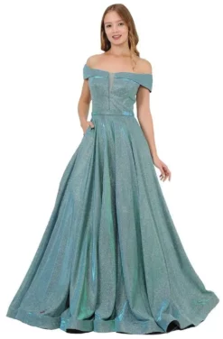 Poly USA - 8464 Off Shoulder Sparkle Glitter A-Line Gown