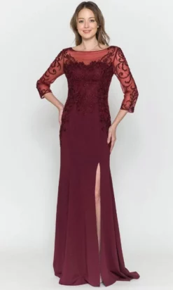 Poly USA 8564 - Illusion Quarter Sleeved Formal Dress -Hot Sale WEDDING Store poly usa 8564 illusion quarter sleeved formal dress mother of the bride dresess xs burgundy 29944638144595