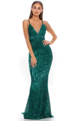 Portia And Scarlett GLISTEN - Plunging Back Sheath Prom Dress