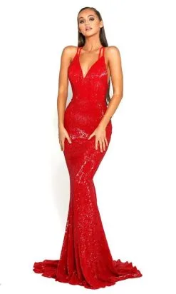 Portia And Scarlett - PS2042 Sequined Plunging V Neck Trumpet Dress