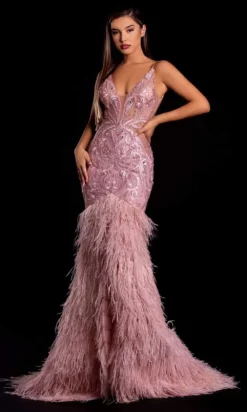 Portia And Scarlett - PS21128 Beaded Bodice Feather Mermaid Gown