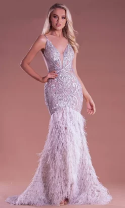 Portia And Scarlett - PS21128 Beaded Bodice Feather Mermaid Gown -Hot Sale WEDDING Store portia and scarlett ps21128 beaded bodice feather mermaid gown evening dresses 0 silver 15890549243987