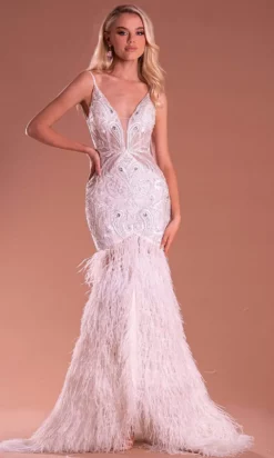 Portia And Scarlett - PS21128 Beaded Bodice Feather Mermaid Gown -Hot Sale WEDDING Store portia and scarlett ps21128 beaded bodice feather mermaid gown evening dresses 0 white 15890552815699