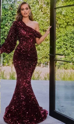 Portia And Scarlett - PS22014 Sequined Asymmetric Neck Mermaid Gown -Hot Sale WEDDING Store portia and scarlett ps22014 sequined asymmetric neck mermaid gown prom dresses 0 deep red 30700203376723