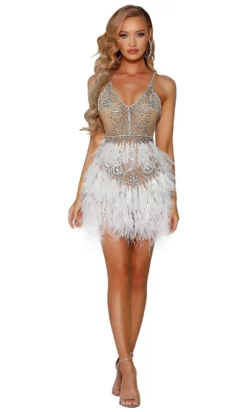 Portia And Scarlett - PS4007C Bejeweled V-Neck Feathered Dress