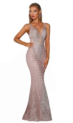 Portia And Scarlett - PS6027 Illusion Plunging Neck Glitter Mesh Gown