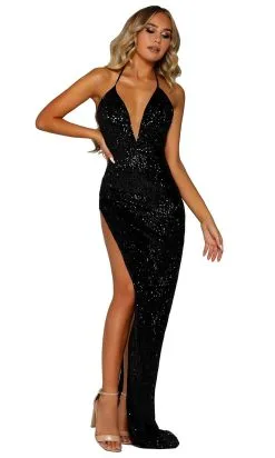 Portia And Scarlett - PS6376 Plunging Halter Sequined High Slit Gown