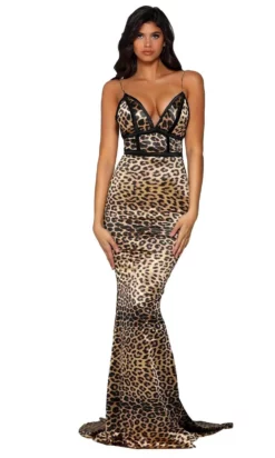 Portia And Scarlett - PS6404 Plunging V Neck Print Trumpet Dress