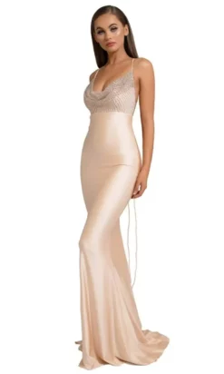 Portia And Scarlett - PS6500 Beaded Cowl Neckline Satin Sheath Gown