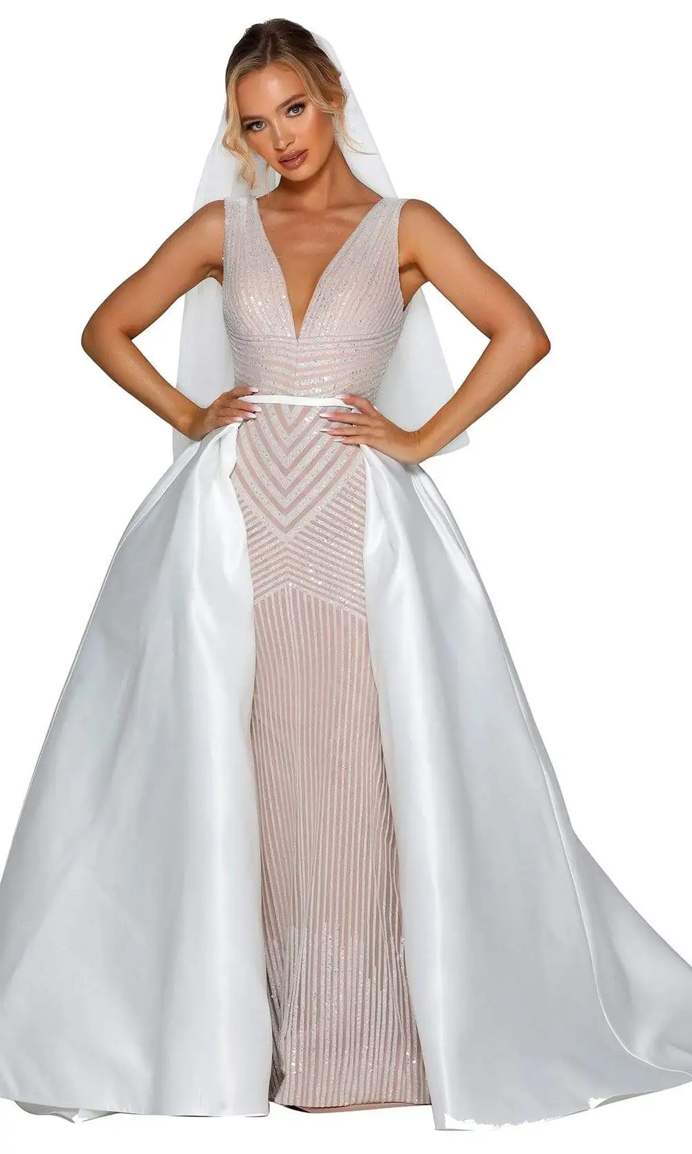 Portia And Scarlett - PSB6808S Low V Neck Glittered Dress 1 Portia And Scarlett - PSB6808S Low V Neck Glittered Dress