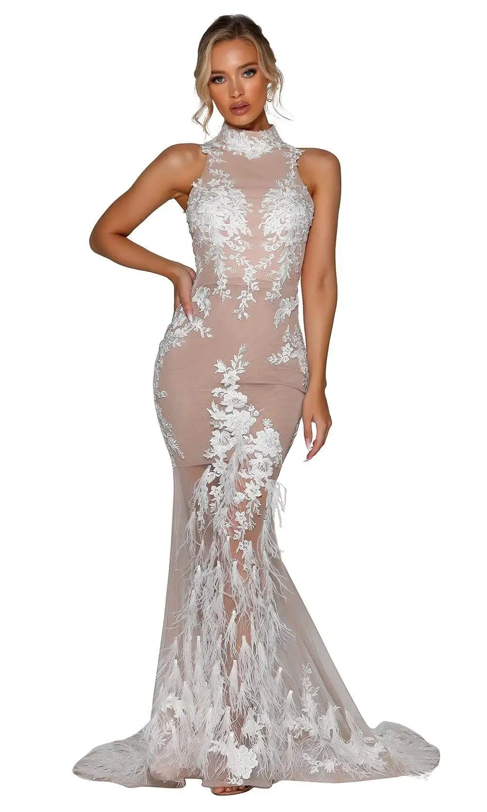 Portia And Scarlett - PSB6812 High Neck Sheer Long Dress 1 Portia And Scarlett - PSB6812 High Neck Sheer Long Dress