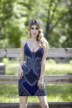 Primavera Couture - 3340 Bedazzled Deep V-neck Sheath Dress