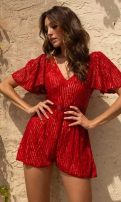 Primavera Couture - 3718 V-Neck Short Flutter Sleeves Romper -Hot Sale WEDDING Store primavera couture 3718 v neck short flutter sleeves romper homecoming dresses 28496525197395