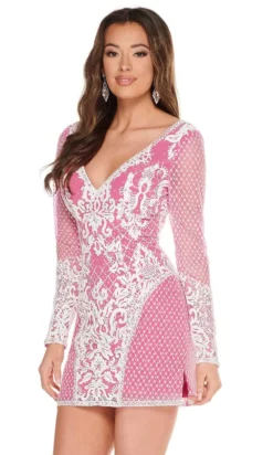 Rachel Allan - 40041 Contrast Lace Long Sleeve Cutout Back Dress