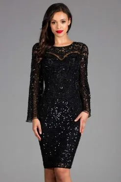 Scala - 48885 Sequined Long Bell Sleeve Fitted Dress