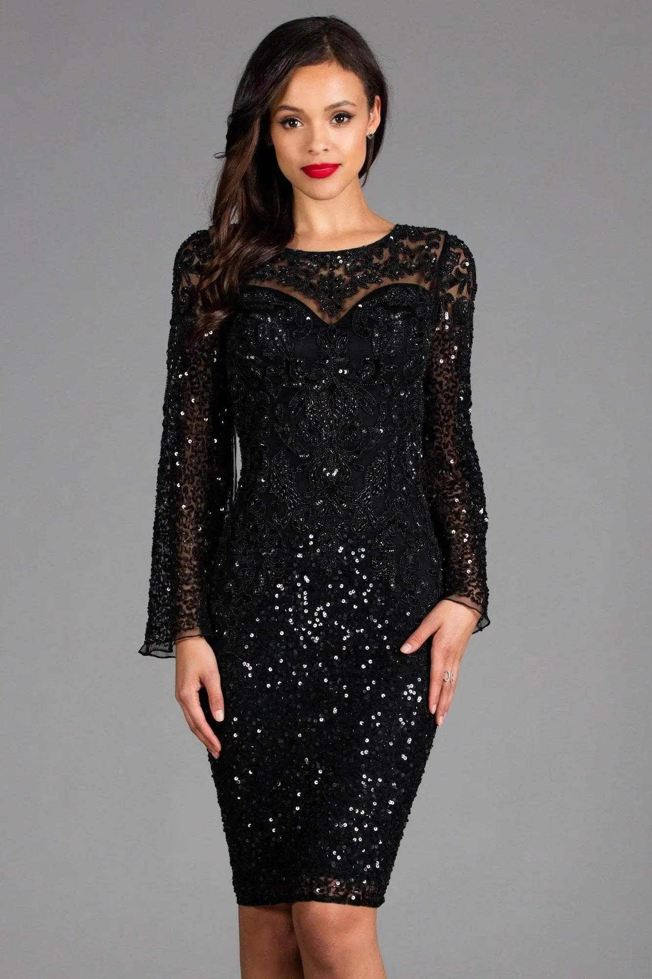 Scala - 48885 Sequined Long Bell Sleeve Fitted Dress 1 Scala - 48885 Sequined Long Bell Sleeve Fitted Dress